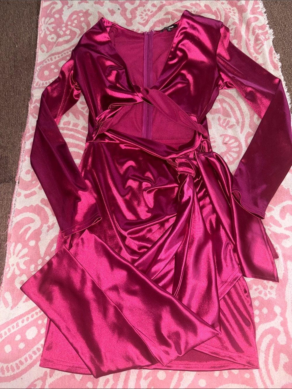 Fashion Nova Fuchsia Satin Long Sleeve Twist-Front Dress